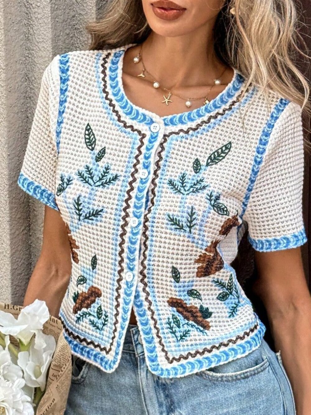 Blue And White Casual Women's Floral Print Short Sleeve T-Shirt
